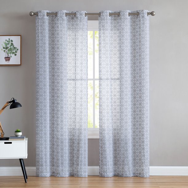 Vcny Home Chole Puff Printing Geometric Sheer Curtain Panel Pair 76 X 84 White Silver Walmart Com