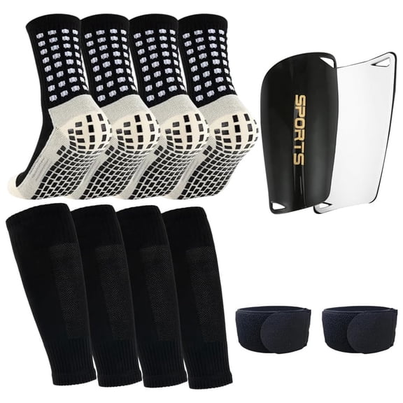 2 Pairs Youth Anti-slip Soccer Socks, 2 Pairs Shin Sleeves with 1 Pack Shin Guards and 2 Shin Straps, Soccer Game Set 12 Pcs