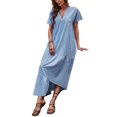 thumbnail image 2 of SAYOO , vestido suelto de manga corta para mujer, Color sólido, cuello en V, dobladillo Irregular, elegante vestido de fiesta de playa de verano, ropa de calle de vacaciones SAYOO  Casual, 2 of 9