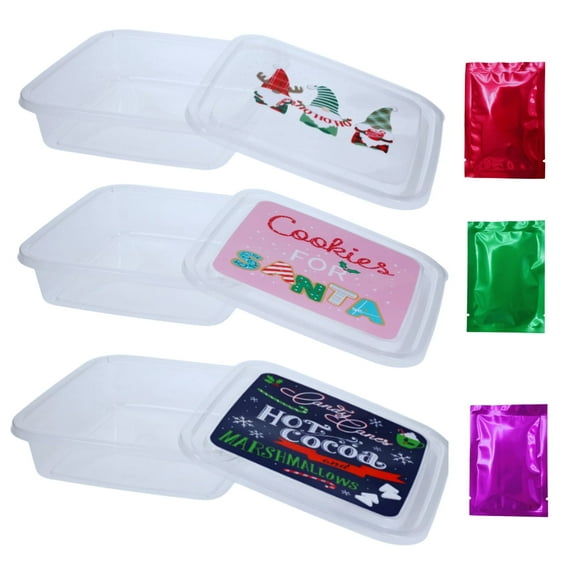 Christmas-Themed Square Plastic Containers, 10-in. Clear Printed Holiday Food Safe Container (Set of 3) Seasonal Gifting Cookie Candies Chocolates Party Gift Jar w/ Bonus Snoep in Beperkte Oplage