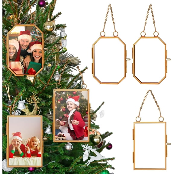 6 Pcs 2.5 x 3.5” 2 x 3 Christmas Brass Picture Frame Ornaments Octagonal Rectangular Christmas Metal Double Glass Hanging Photo Frame with Metal Chain for Xmas Tree Decorations