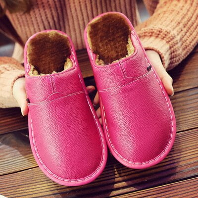 

CoCopeanut Men Home Slippers for Winter Warm Plush Slippers women Bedroom Genuine Leather Unisex man House Indoor Shoes Large size 11