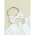 thumbnail image 6 of Bslissey Baby Girls Short Puff Sleeve Romper Solid Color Mesh Plaid Square Neck Bodysuit with Bow Headband Newborn Infant Cute Clothes for Casual Daily 3M 6M 12M 18M, 6 of 9