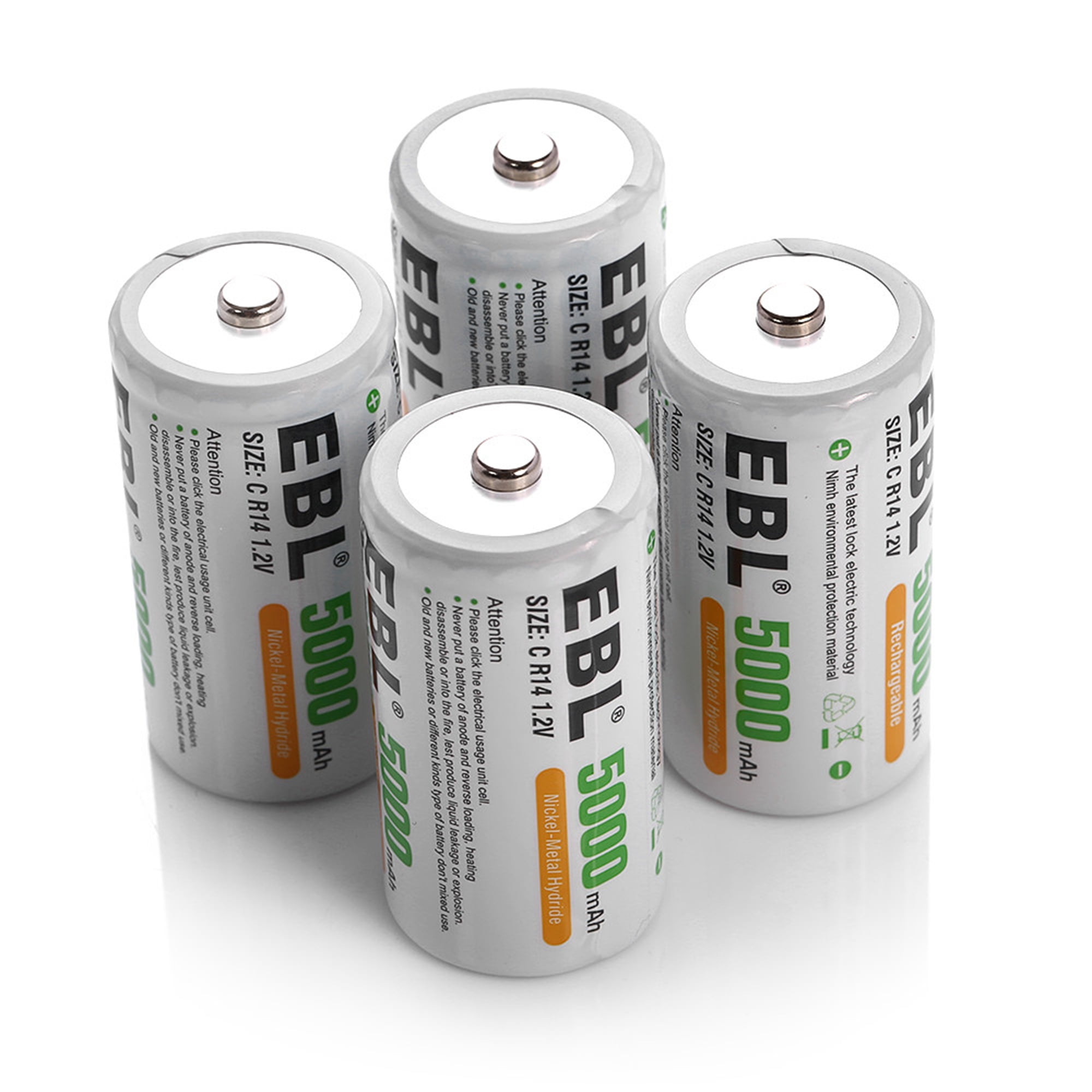 EBL C Cell Rechargeable Batteries (4 Pack) with Battery Charger, White