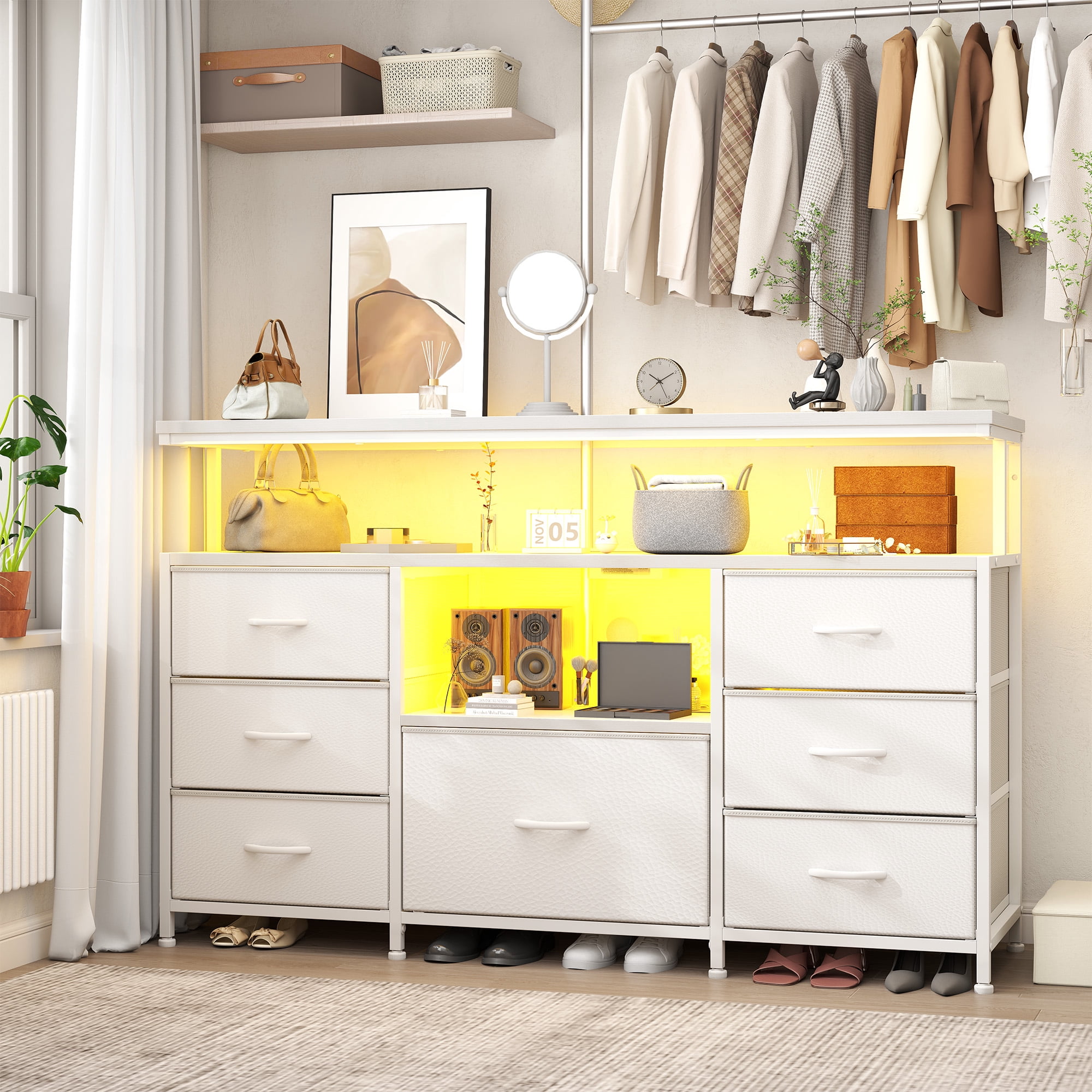 Dresser TV Stand for Bedroom with LED Lights & Power Outlets for 55" TV Wide Dresser for Bedroom with 7 Drawers & Open Shelves for Living Room, Sturdy Frame, White