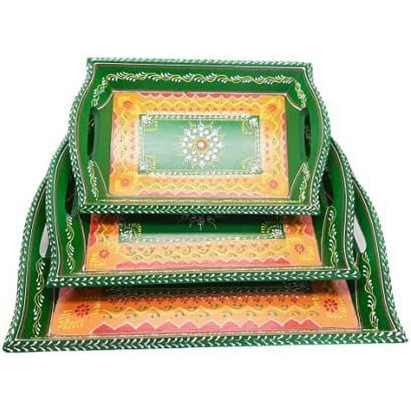 India Meets India Handmade Wooden Serving Tray w/ Meenakari and Crystal Stone Artwork [Green Colored], Kitchen/Table & Home Decor/Dinning/Gifts/Restaurants/Living Room/Coffee Table, Set of 3