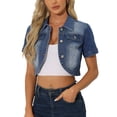 thumbnail image 1 of Chaqueta de mezclilla recortada de manga corta con cuello vuelto para mujer INSPIRE CHIC, azul medio, XL, 1 of 6