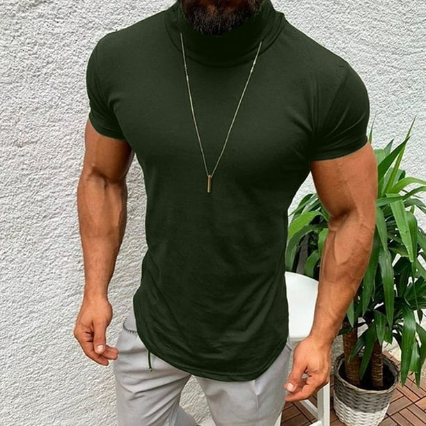 Dptalr Men Casual Spring Summer Solid Color Short Sleeve Turtleneck Tops Blouse Shirts Black