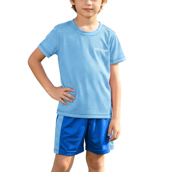 FSYBOA Boys Athletic Outfit Set Size 6T, Color Block 2 Piece Summer Short Sleeves Kids T Shirts and Shorts Blue