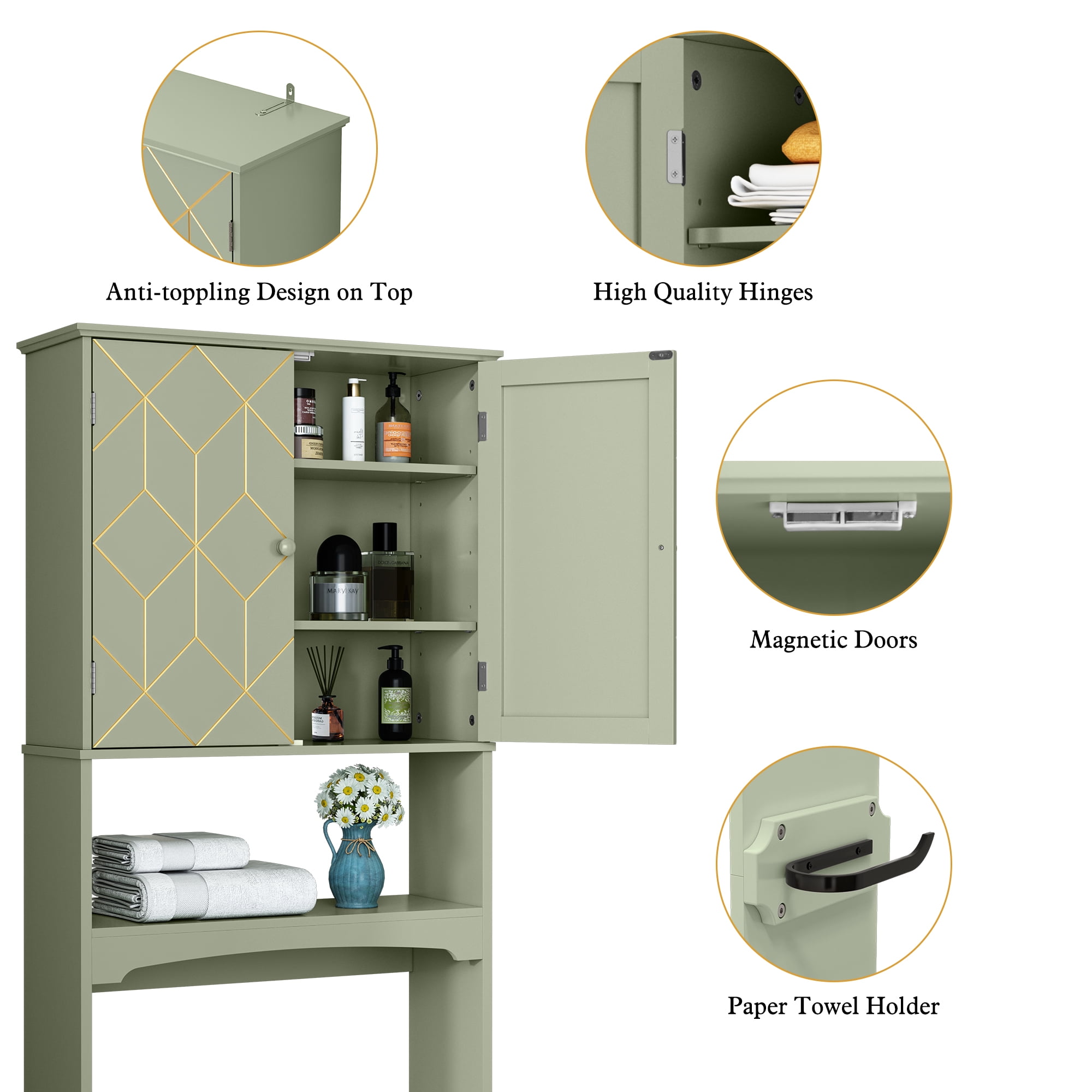 HLR Over The Toilet Storage Cabinet, Bathroom Above Toilet Storage Cabinet with Doors and Adjustable Shelves, Green