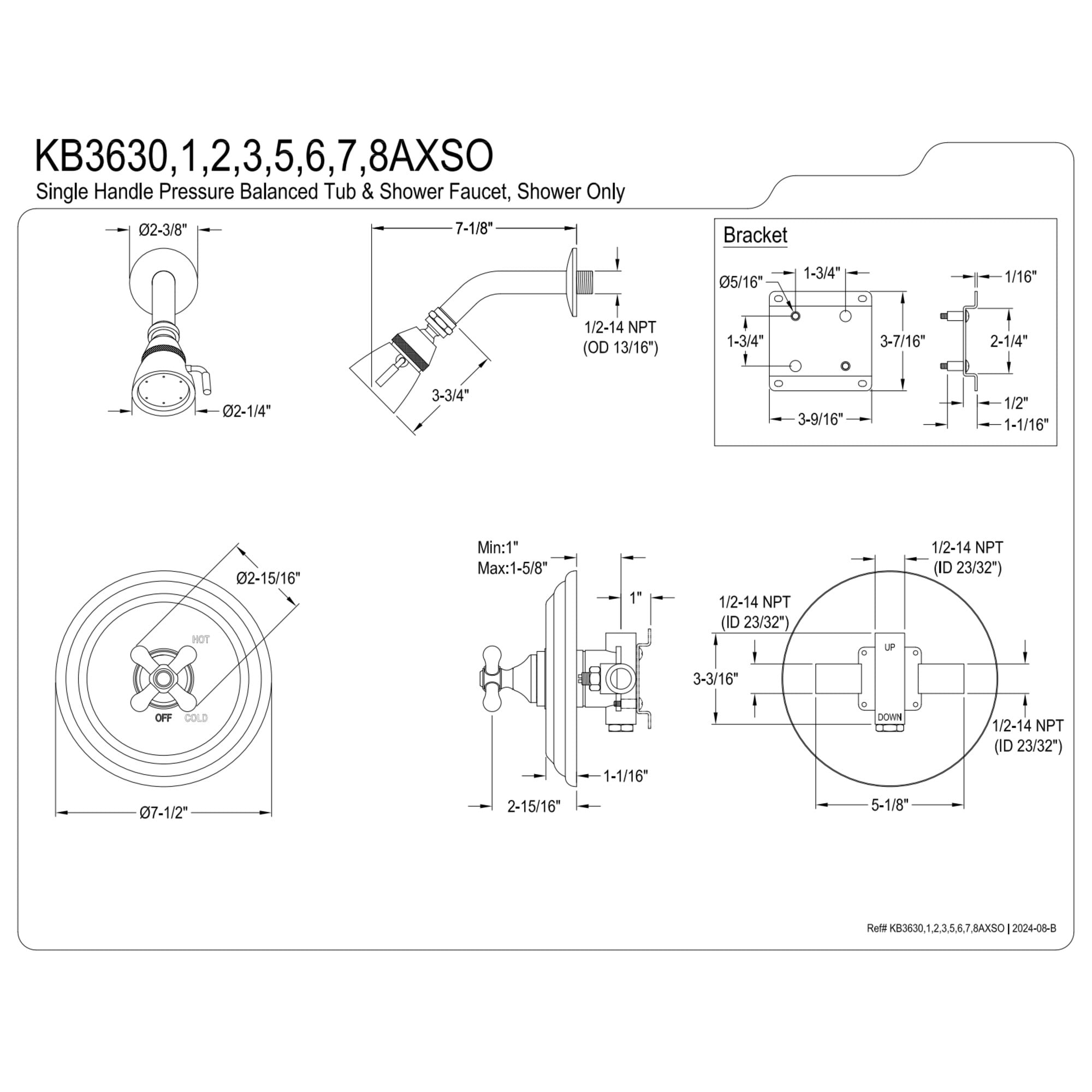 Kingston Brass KB3630AXSO Restoration Single-Handle Pressure Balanced Shower Faucet, Matte Black