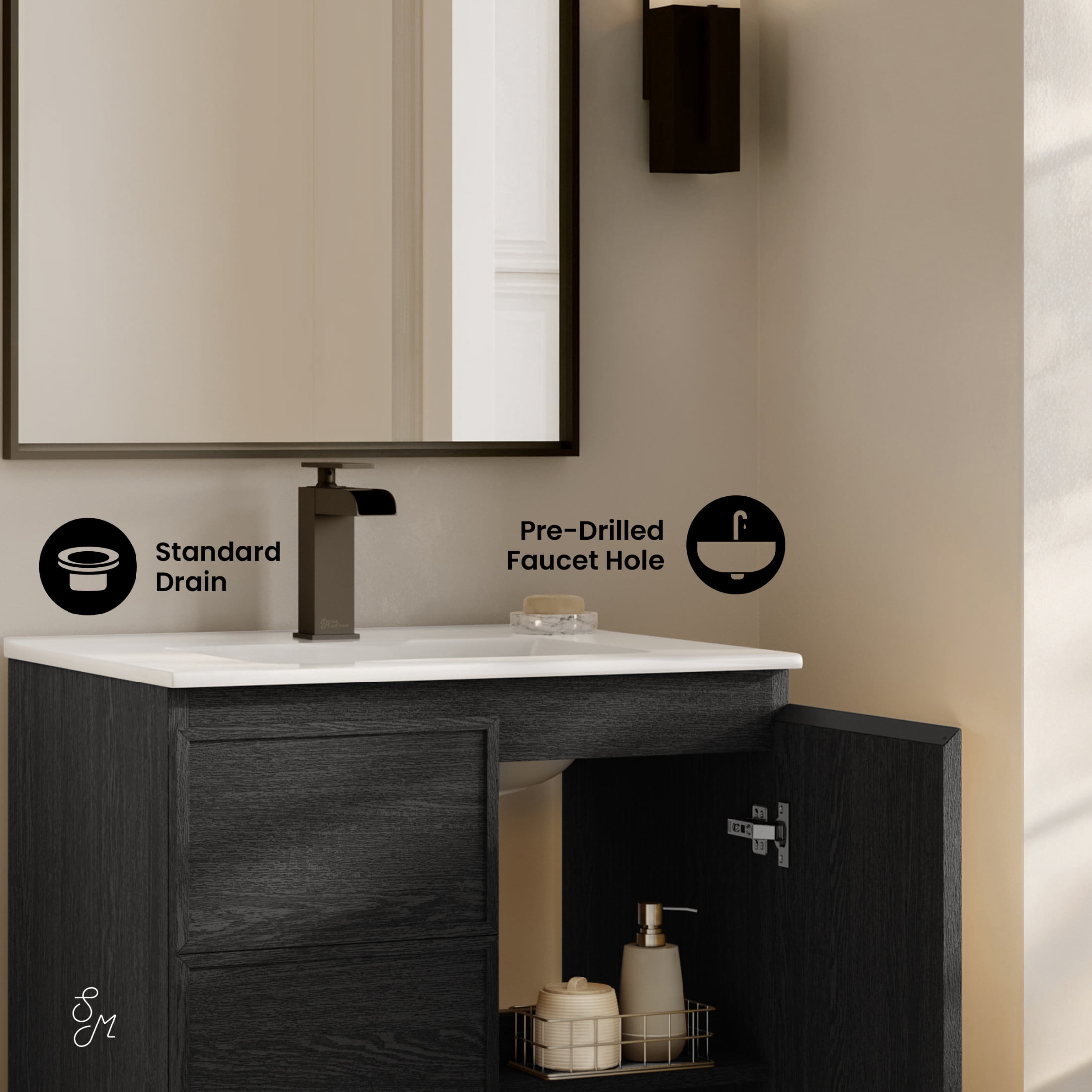 St. Tropez 24" Freestanding Bathroom Vanity in Black Oak with Sink Top