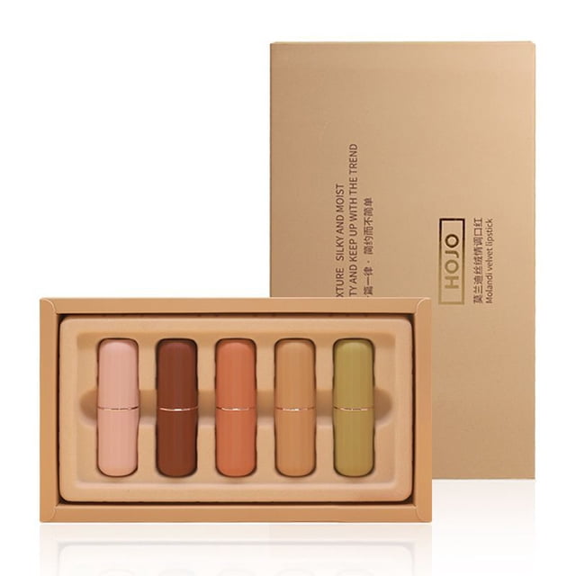 Labial de Terciopelo en Tonos Modernos: Rosa Durazno, Rojo Clásico, Café Caramelo, Tomate Maduro y Rosa Suave – Juego de 5 Colores, Ideal para un Look Completo de Lunes a Viernes.