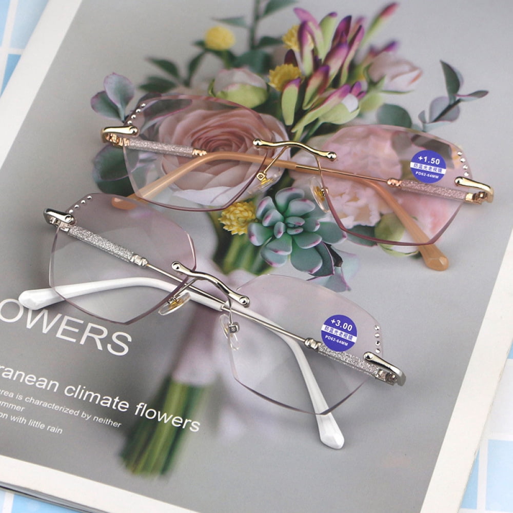 2 Pairs of New Rimless Diamond Trimming Anti-Blue Light Reading Glasses Fashion Metal Gradient Pink Sunglasses Readers +1.50
