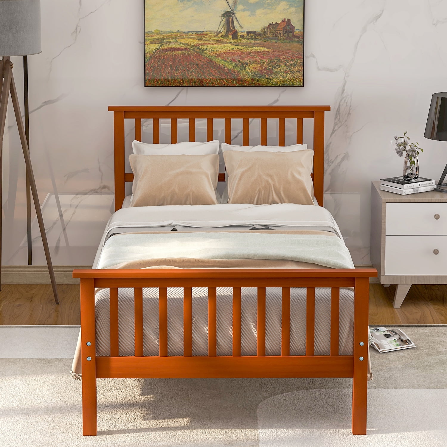 Mintazer Twin Size Vintage Platform Bed Frame with Headboard & Footboard for Kids Teens Boys Girls, Oak
