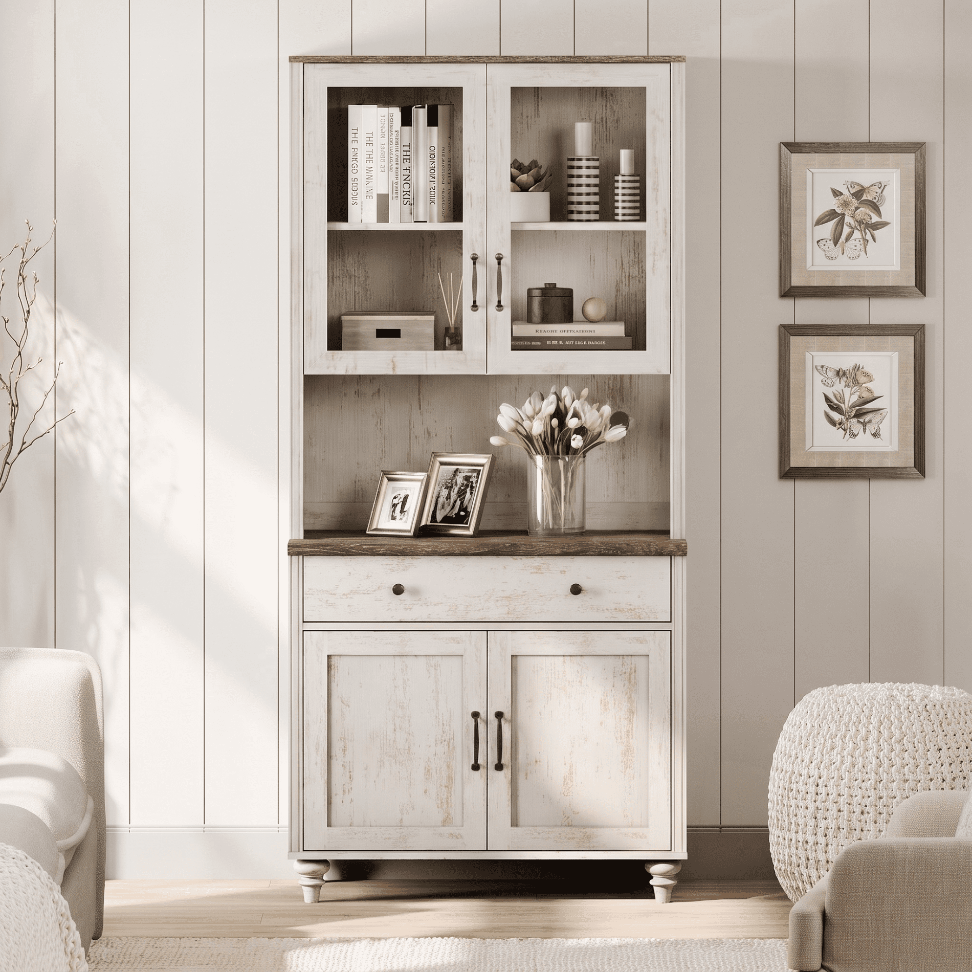 Large Farmhouse Wooden Bookcase with Storage Cabinet, Freestanding Library Bookshelf for Living Room, Office, Study Room & Kitchen, Rustic white