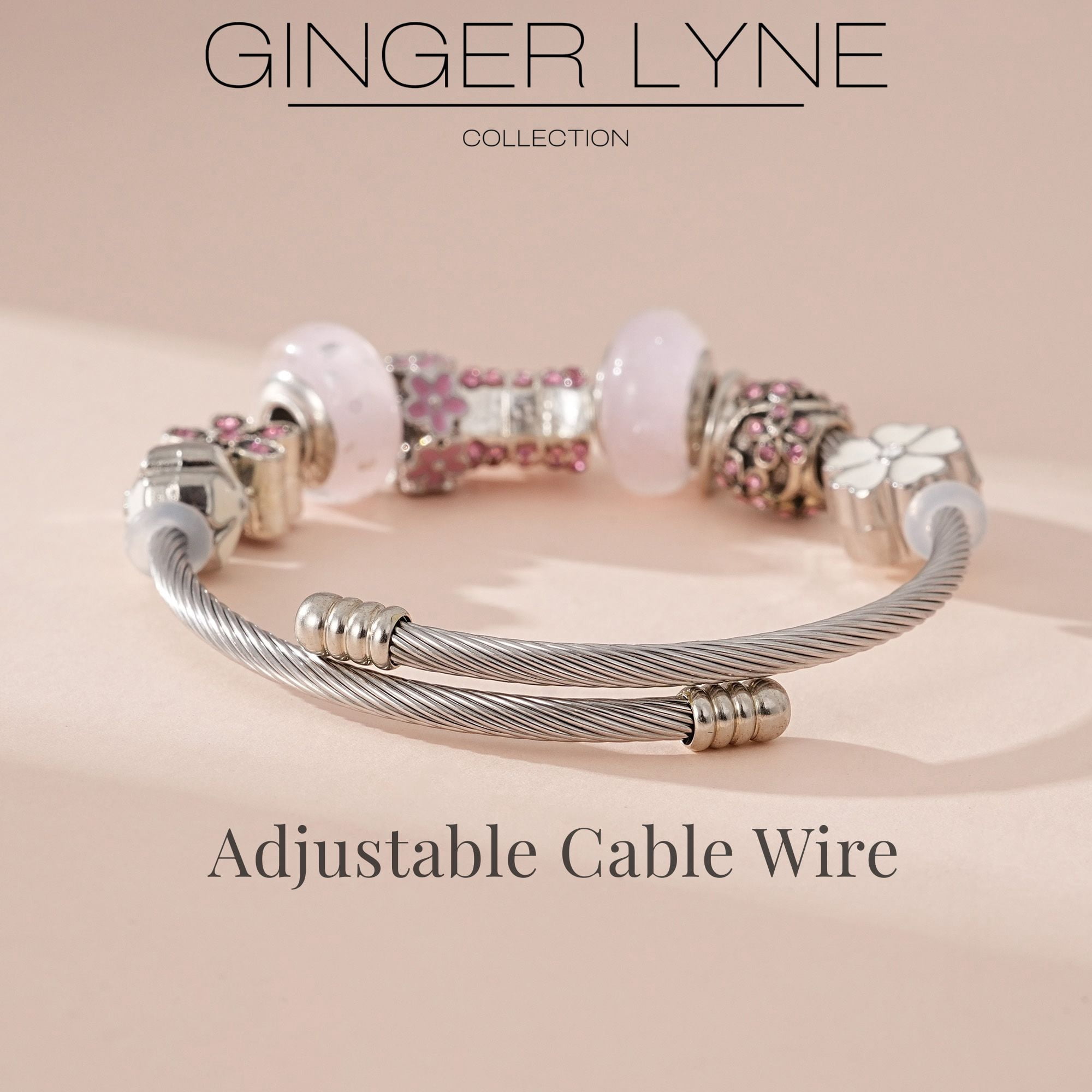 Love Theme Cable Charm Bracelet for Women by Ginger Lyne Alloy Pink Italian Style Beads Valentines Gift
