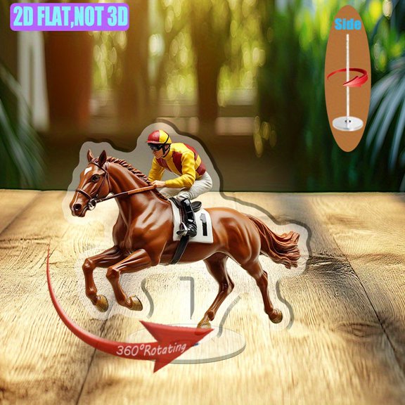 Rotating acrylic display of a magnificent champion racehorse with a glistening chestnut coat and dynamic rider in vivid attire, showcasing stunning detail and beauty