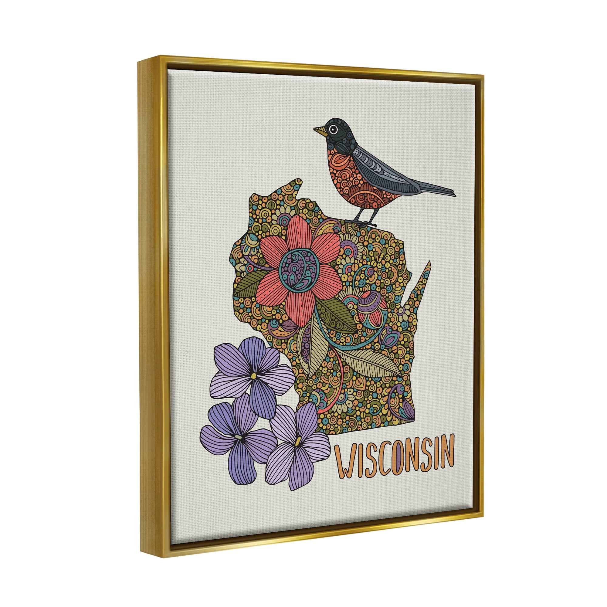 Stupell Industries Intricate Wisconsin Robin State Flower Pattern Design Graphic Art Metallic Gold Floating Framed Canvas Print Wall Art, Design by Valentina Harper