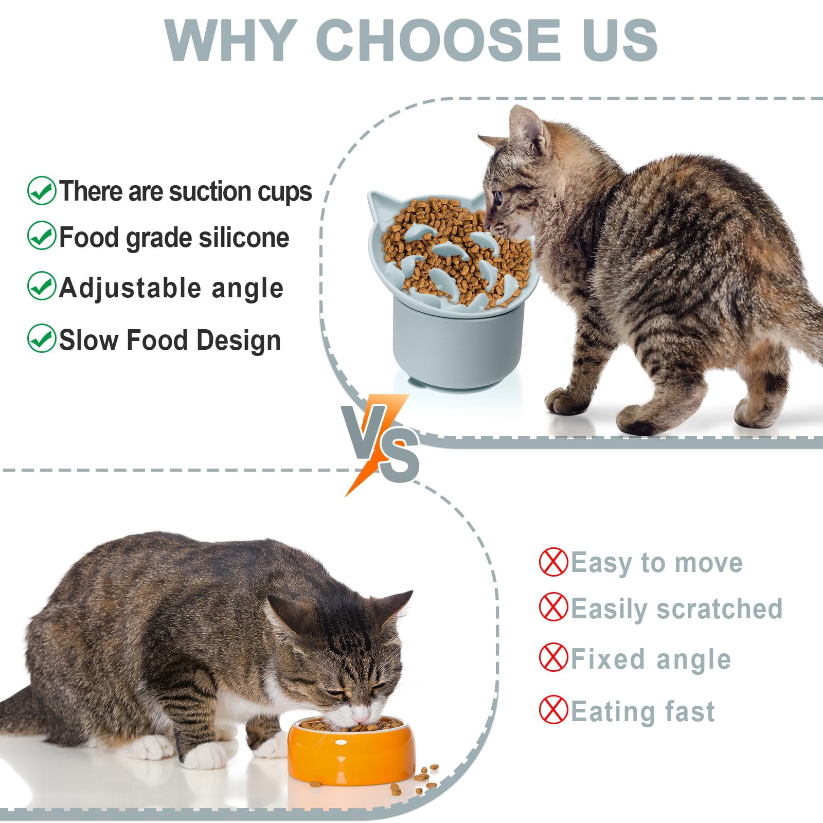 Silicone Cat Slow Feeder, Elevated Slow Feeder Bowl Tilt Design, Suitable for Dry and Wet Food, Adjustable Angle, Cat Food Puzzle with Suction Cup(Gray)