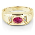 thumbnail image 2 of Gem Stone King Men's 18K Yellow Gold Plated Silver Red Created Ruby and White Moissanite Ring (1.50 Cttw, Gemstone July Birthstone, Oval 8X6MM,, Size 13), 2 of 3