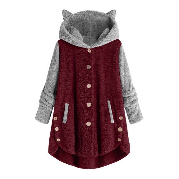 Lovskoo Womens Full Zip Up Hoodie Fuzzy Fleece Jacket Plus Size Button Fluffy Pullover Tops Long Sleeve Hooded Blouse Coat Claret