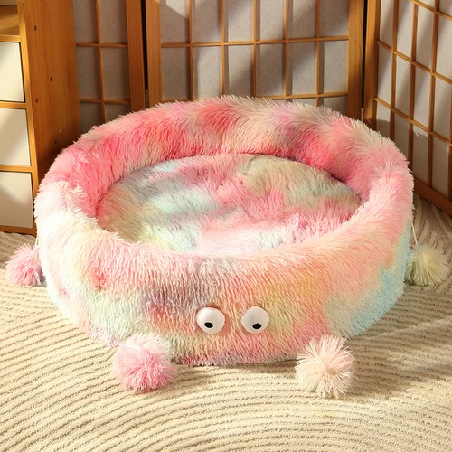 Colourtree Cute Colorful Plush Cat Bed - Monster Design Fluffy Pet Bed with Pom Poms, Soft Warm Comfortable Nest for Indoor Cats, Ideal for Napping & Lounging