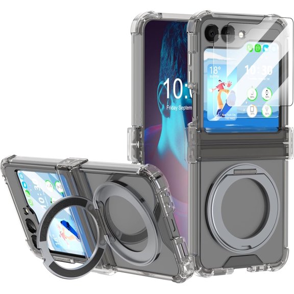 Designed for Galaxy Z Flip 6 Case Magnetic with Hinge Protection & Kickstand & Built-in 2 Screen Protector for Samsung Flip 6 Case Clear Protective Phone Cover for Z Flip 6 (Clear Black)