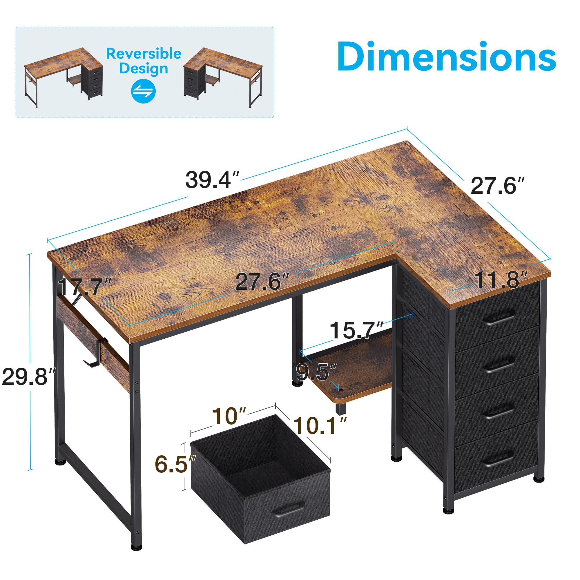 40 inch Computer Desk with 4 Fabric Drawers — Home Office Desks with Storage, Writing Desk with Side Hook, Desk Study/Work Table for Bedroom and Small Space, Vintage
