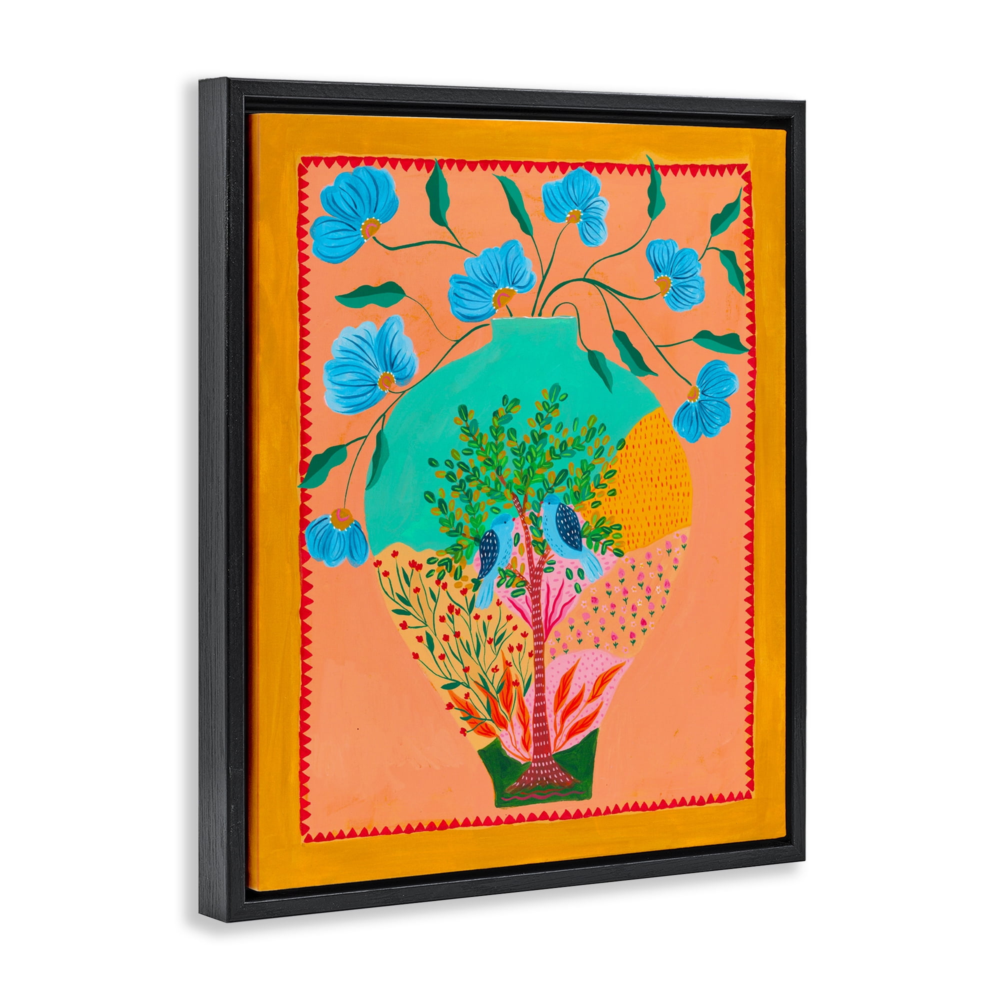 Bluebirds & Boho Flower Vase Black Framed Floater Canvas Wall Art, design by Nabeela Rumi