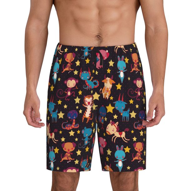 Balery Cute Animals Pantalones cortos de pijama de punto de algodón para hombre con cinturilla y bolsillos-3X-Large