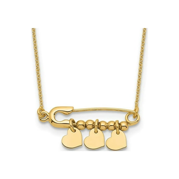 14K Yellow Gold Yellow Safety Pin with Hearts Necklace