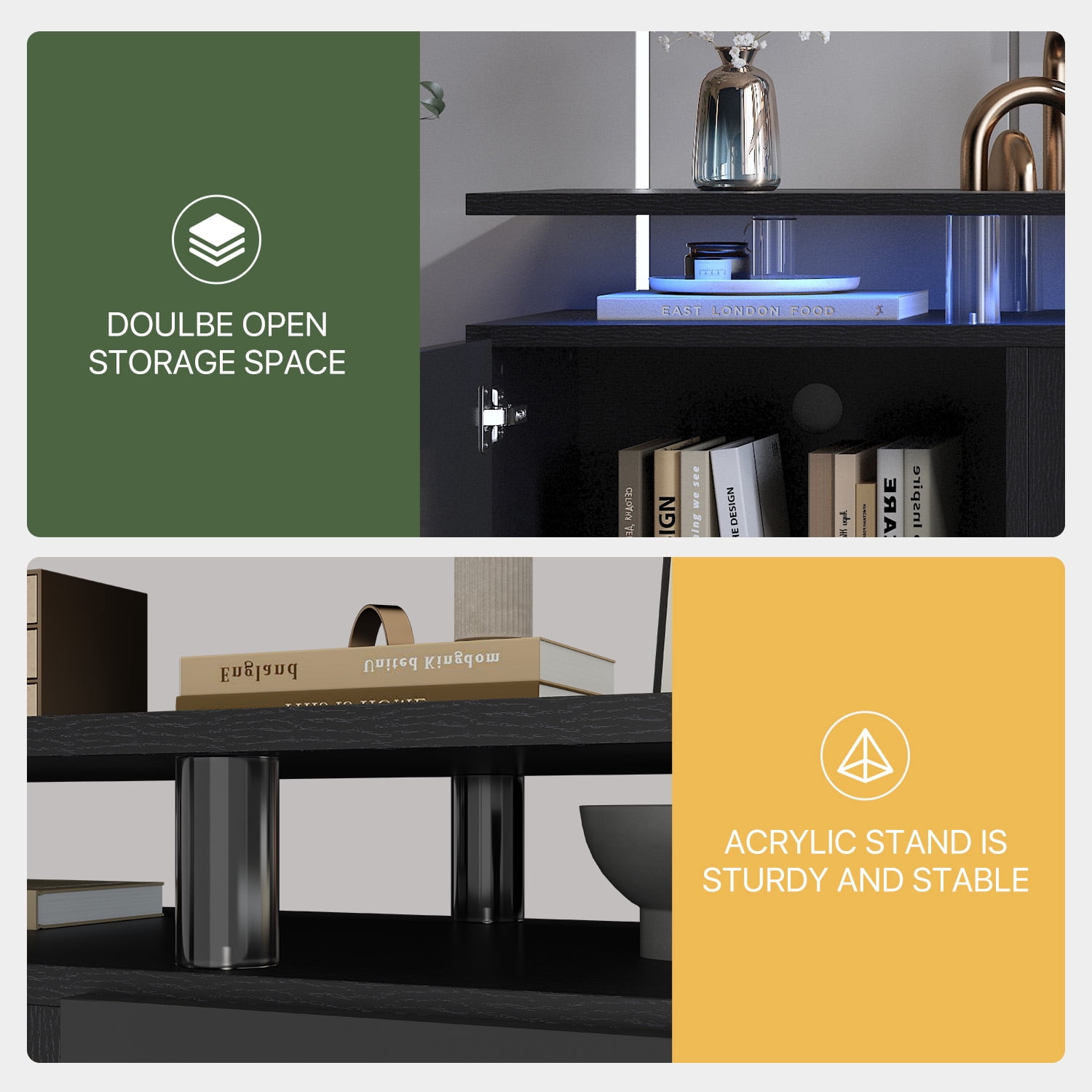 BaPiPro 80" Modern Electric Fireplace TV Stand for TVs Up to 90", Entertainment Center with Music Sync LED Lights & Storage Cabinets, Media Console for Living Room, Black