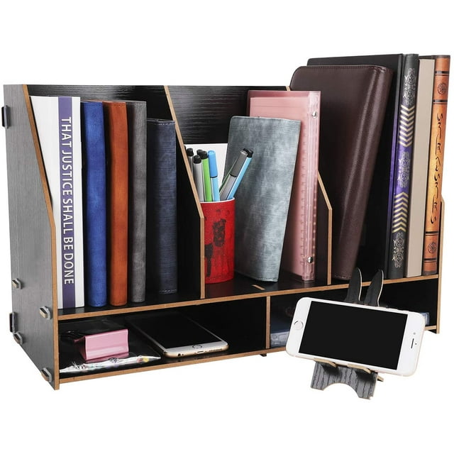 Desktop Bookshelf Organizer Wood Office Supplies Paper Storage Letter Tray File Sorter Desk Organizer 5 Compartments with Phone Stand DIY Desk Stationary Storage Rack File Tray Counter Accessories