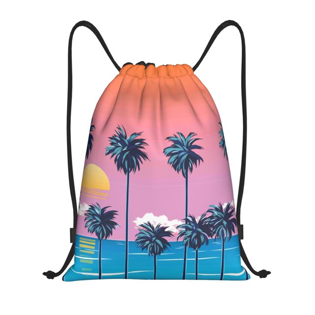 Xecao Beach with Palm Trees Pattern Sports Drawstring Backpack - String Swim Gym Bag with Wet Proof Pocket for Women&Men-Small
