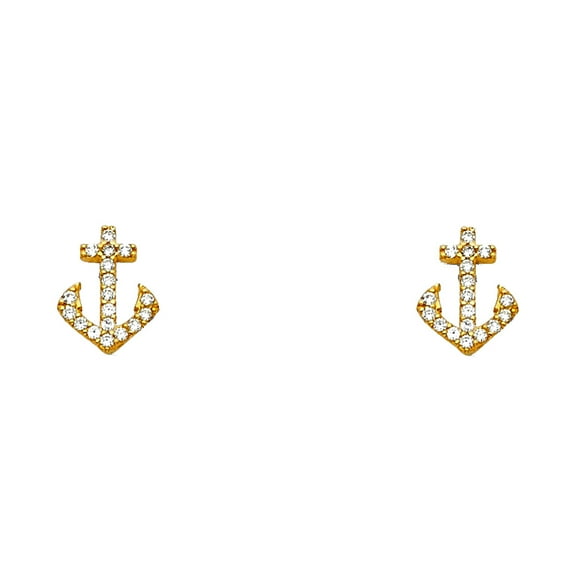 14k Yellow Gold Nautical Ship Mariner Anchor Cubic Zirconia Stud Screw Back Earrings Stud Earring for Women