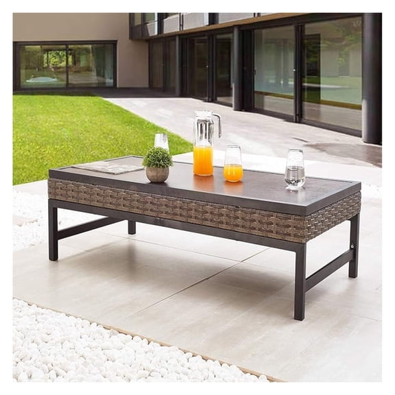 Metal Outdoor Side Coffee Table Patio Bistro Living Room Dining Table Wood Grain Top Wicker Rattan Furniture with Steel Legs Brown Black (Rectangle)