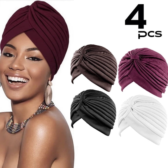 YMWVH 4 Pieces Stretchy Beanie Turbans for Women Soft Pre Tied Knot Chemo Turban Head Wraps for Women Sleep Hats, 4 Colors