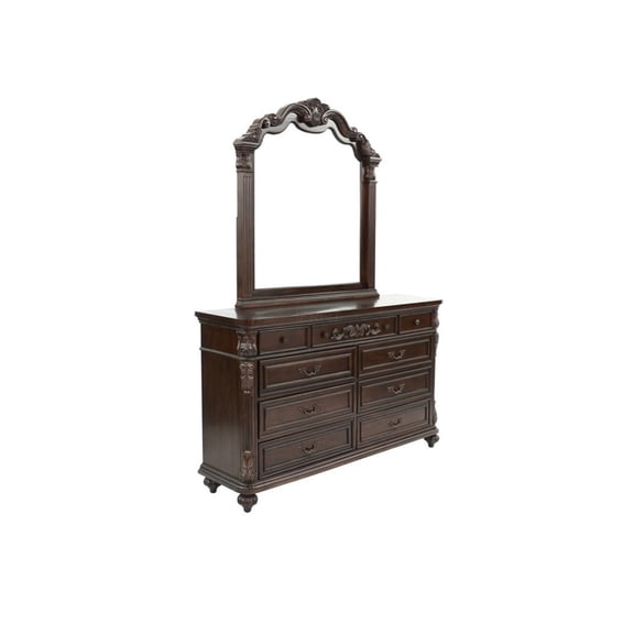 JERFIT 9-Drawer Dresser with Mirror, Traditional Bedroom Storage Chest, Antique Walnut Finish, Carved Floral Accents, Metal Hardware