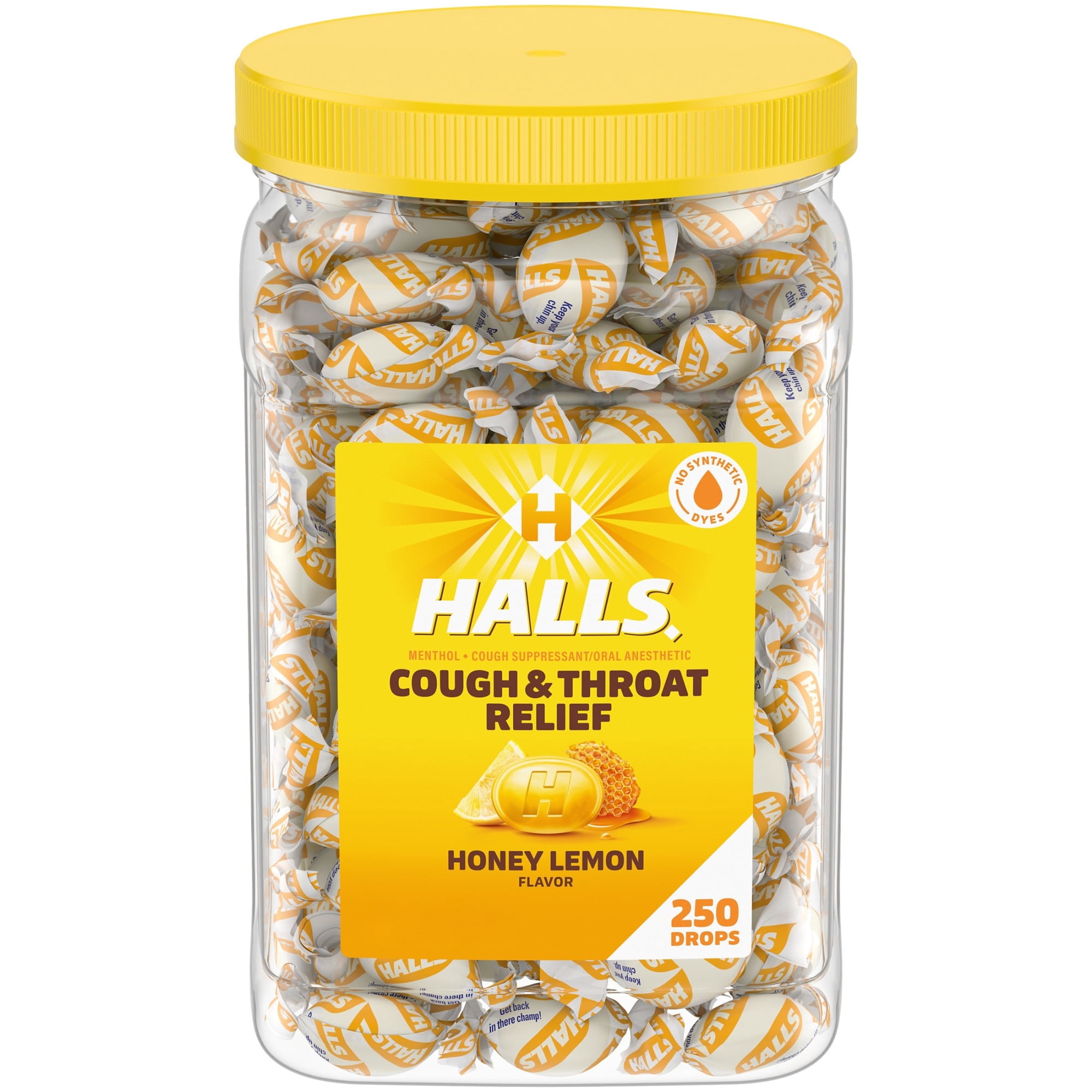 HALLS Cough & Throat Relief Honey Lemon Cough Drops, No Synthetic Dyes, FSA/HSA Eligible, 250 Drops