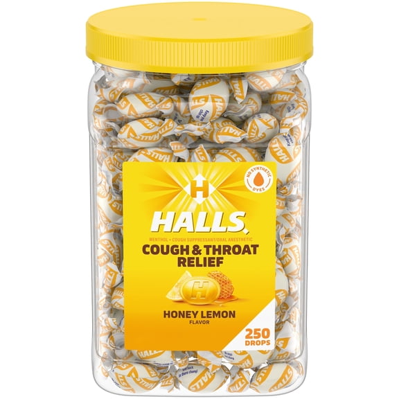 HALLS Cough & Throat Relief Honey Lemon Cough Drops, No Synthetic Dyes, FSA/HSA Eligible, 250 Drops