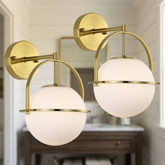 ASHOP Gold Wall Sconce Set of 2 Globe Glass Light Fixtures Mid-Century Modern Lamp with Frosted Shade