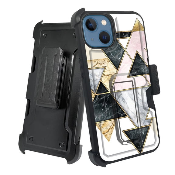 ANJ  Rugged Shockproof Holster Case w/Card Slot, Kickstand   Tempered Glass for iPhone 13 (6.1") - Marble Puzzle