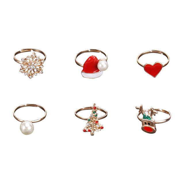 6 Pcs Christmas Rings Jewelry Creative Christmas Tree Snowflake Rings Elk Rings