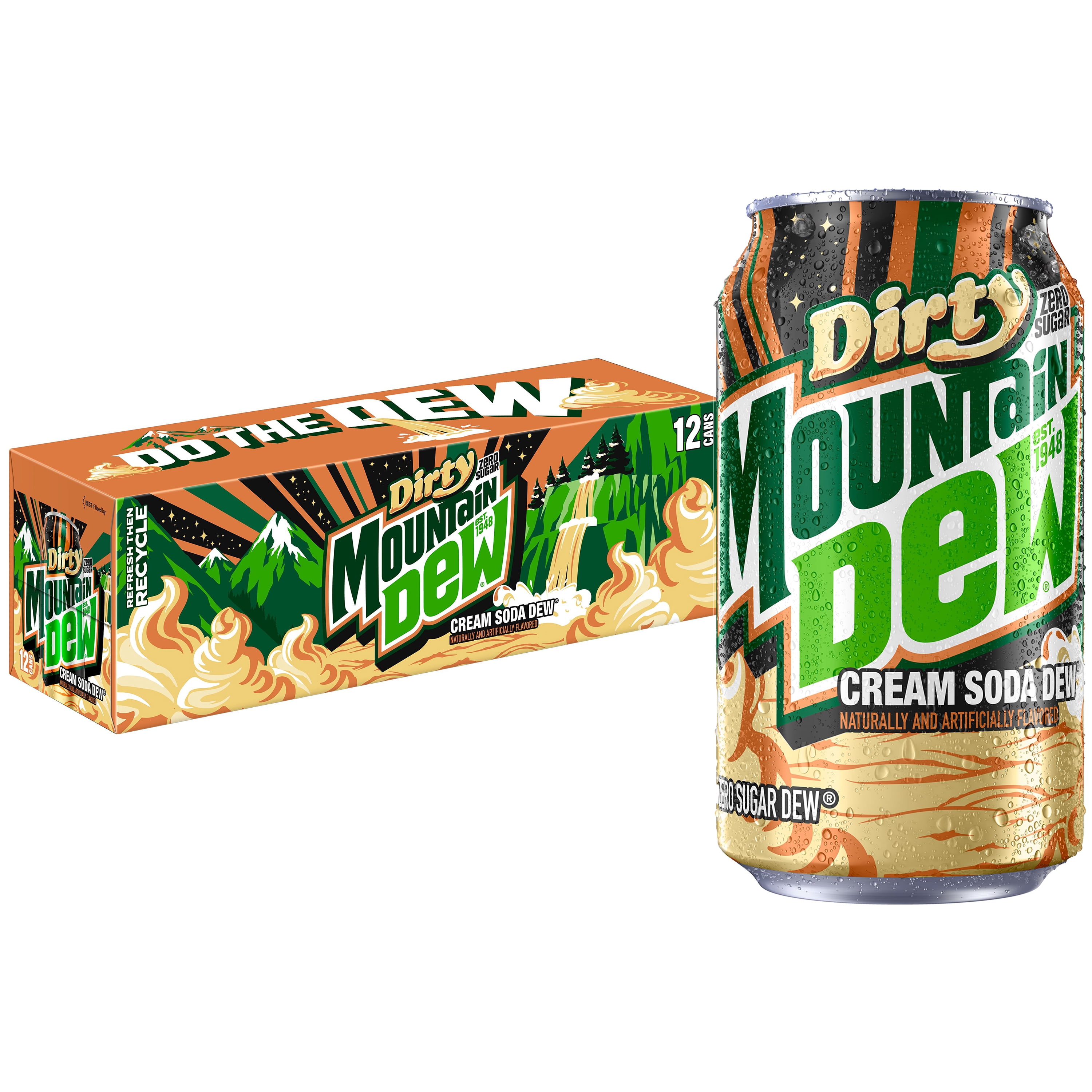 Mountain Dew Dirty Dew Cream Soda, Zero Sugar, 12 fl oz cans, 12