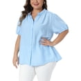 thumbnail image 4 of Agnes Orinda Women's Plus Size Easter Tops Button Down Shirt Puff Sleeve Stand Collar Dressy Casual Summer Blouses 1X Light Blue, 4 of 6