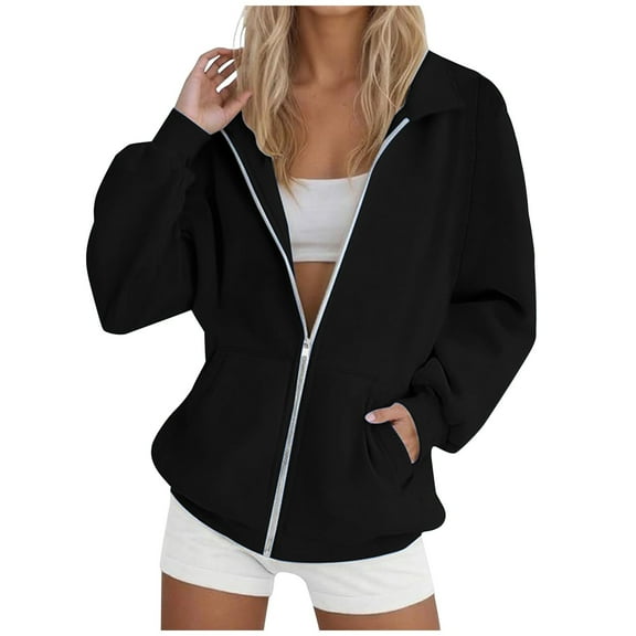 Htigea Womens Sweatshirt Coats Full Zip Up Hoodies Thin Fleece Long Sleeve Hooded Pullover Casual Loose Fit Tops with Pockets Black S