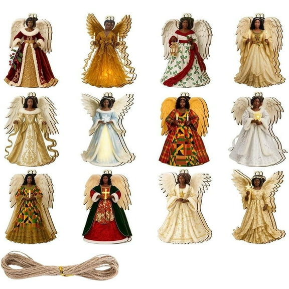24 Pcs Christmas Wooden African American Angel Ornaments, Black Angel Wooden Christmas Tree Decoration, Hanging Black Angels Wood Tags with Rope for Xmas Tree Holiday Party Home Decor