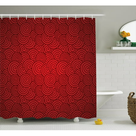 Red Shower Red Shower Curtain, Swirl Lines Spirals Abstract Design with Chinese Culture Influences for New Year Celebration, Fabric Bathroom Set with Hooks, 69W X 70L Inches, Red, by Ambesonne ()
