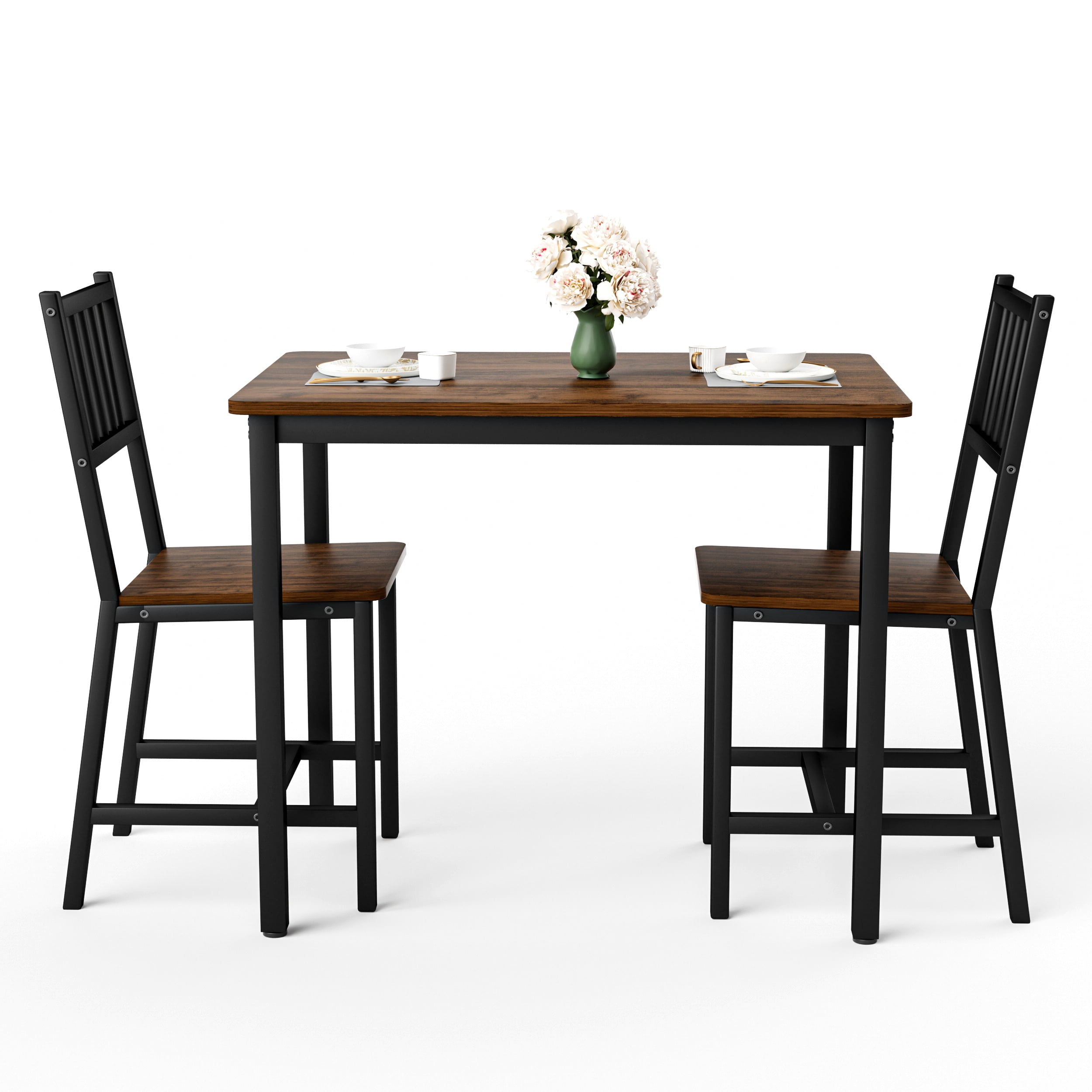 Aukfa 3 Piece Dining Table Set for 2, Space-Saving Kitchen Table Set with 2 Chair & Steel Frame for Small Spaces,Black